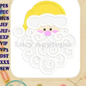 Applique design of Santa's face, featuring a detailed, swirling beard. The design is presented on a white background, suggesting its use in embroidery projects.