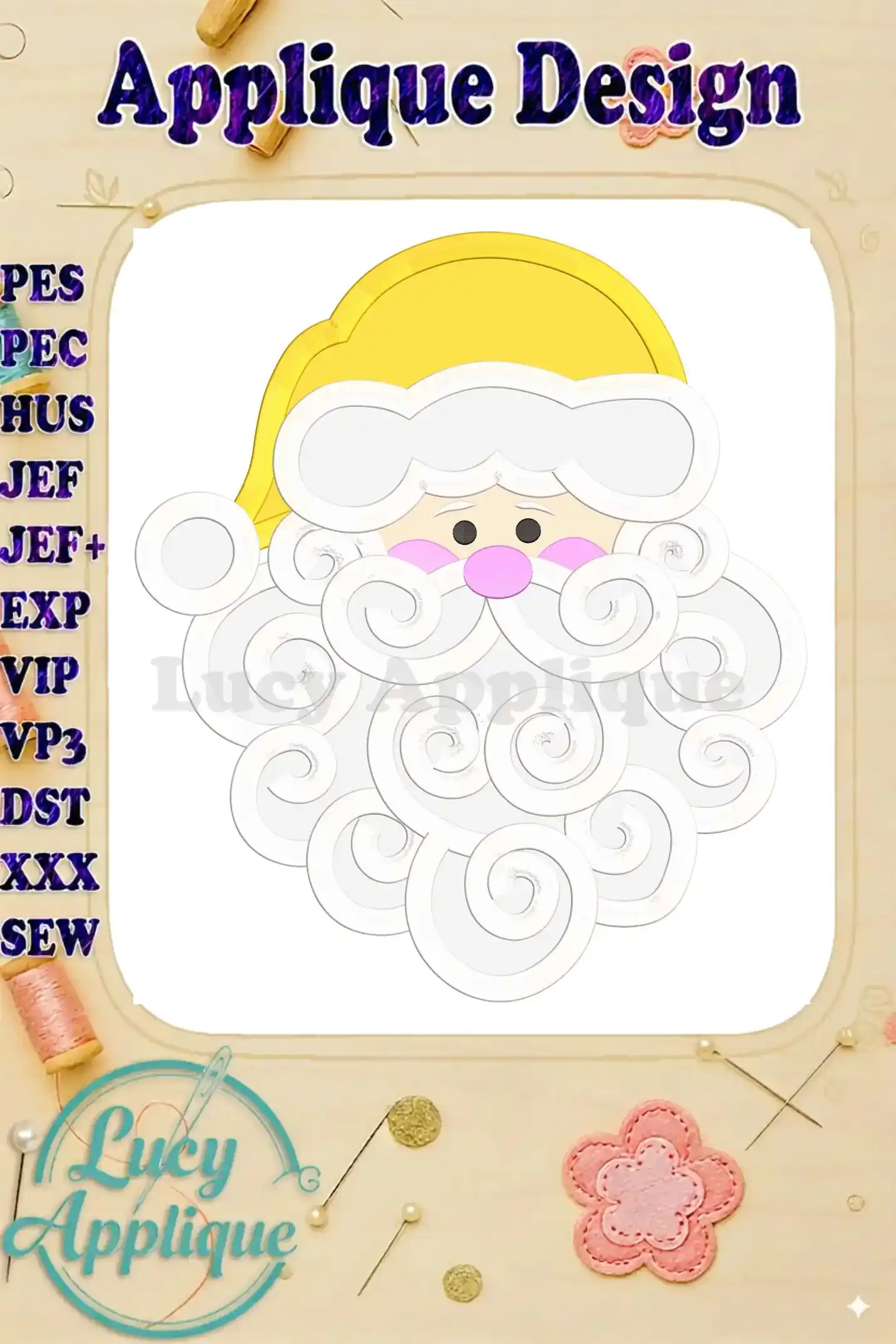 Applique design of Santa's face, featuring a detailed, swirling beard. The design is presented on a white background, suggesting its use in embroidery projects.