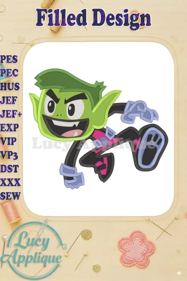 Embroidery design of Beast Boy from Teen Titans Go!, showcasing filled stitches in vibrant green, pink, and purple. A playful and dynamic pose.