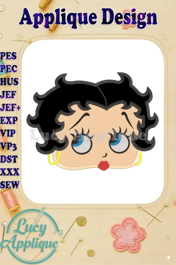 Betty Boop applique embroidery design, showcasing a charming head design with black hair, large eyes and signature style. Perfect for adding a vintage touch to clothing or accessories.
