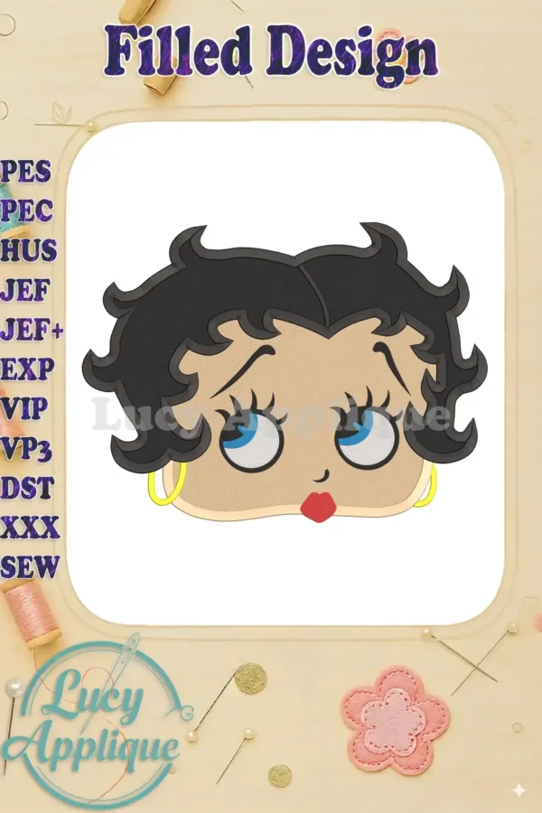 Betty Boop's head, a filled embroidery design showcasing her signature look with dark hair, expressive eyes, and a playful pout. Perfect for adding a vintage touch to your projects.