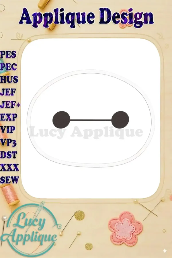 Line art applique design of Baymax from Big Hero 6, ready to be stitched. Includes various machine embroidery file formats.