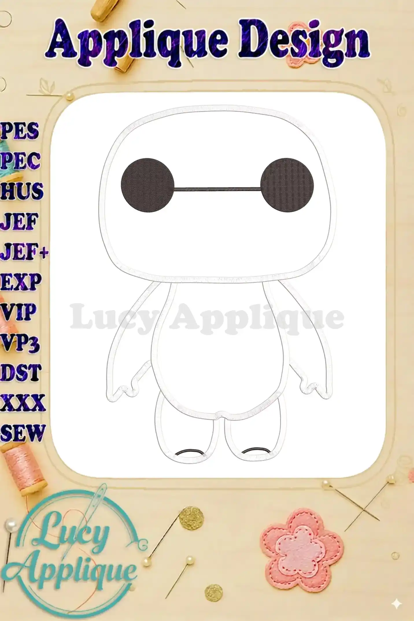 Line drawing of Baymax from Big Hero 6, ready for applique embroidery. Includes various machine embroidery file format options for easy use.