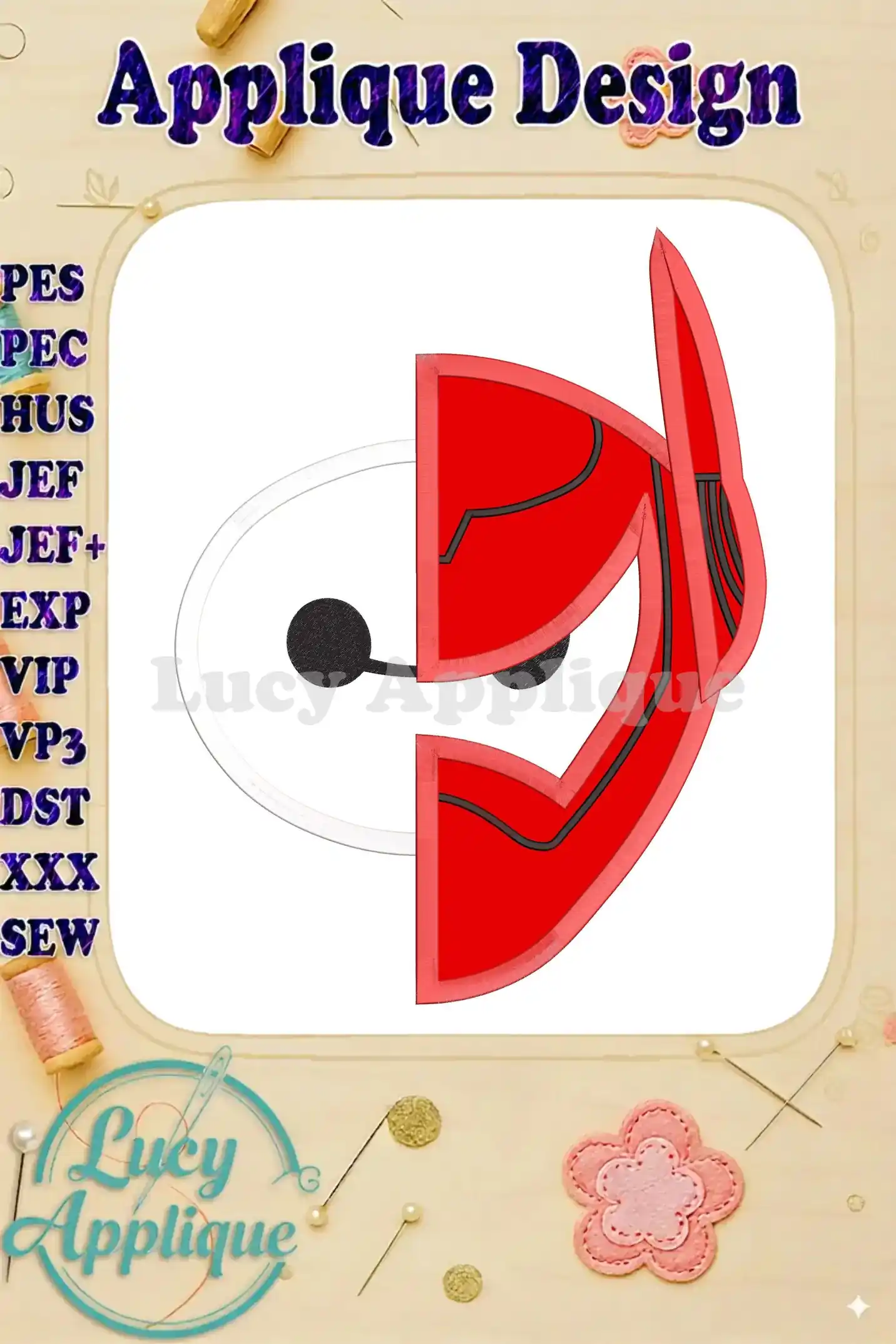 Main image showcasing a vibrant applique design featuring Baymax and Hiro Hamada from Big Hero 6, ready to be stitched. The design is shown with various embroidery file formats.