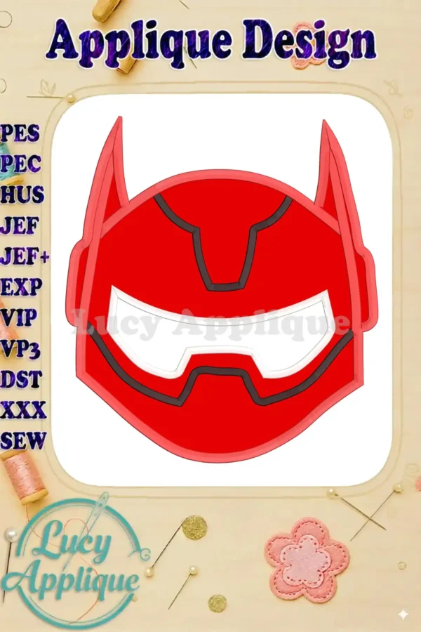 Embroidery design of Baymax's head from Big Hero 6, shown as a red applique with black outlines. The design is presented on a white background with details of supported embroidery formats.