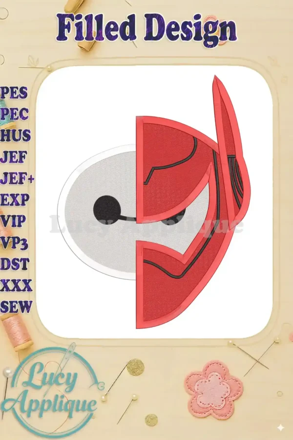 A captivating split-face embroidery design featuring Baymax and another character from Big Hero 6, ready to be stitched onto various fabrics.