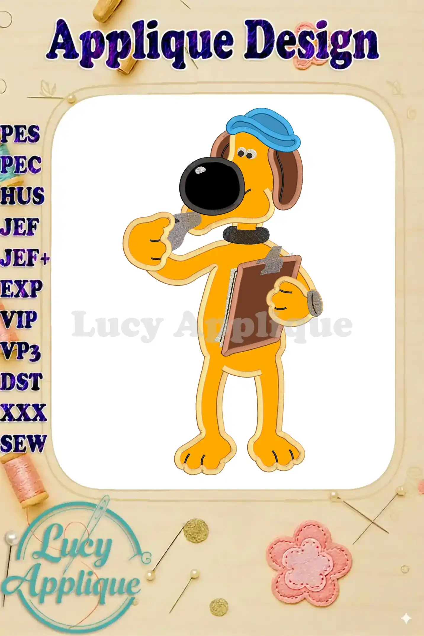 Bitzer from Shaun the Sheep, depicted in an applique embroidery design. The image shows Bitzer in his signature attire, holding a clipboard and pencil, ready for work. This is a digital design, suitable for various embroidery machines.