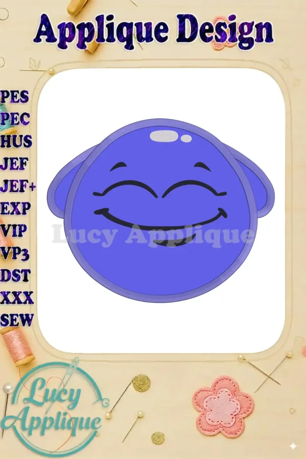A charming blue jelly applique embroidery design with a happy face, perfect for adding a cute touch to various projects. Easy-to-follow instructions are included.