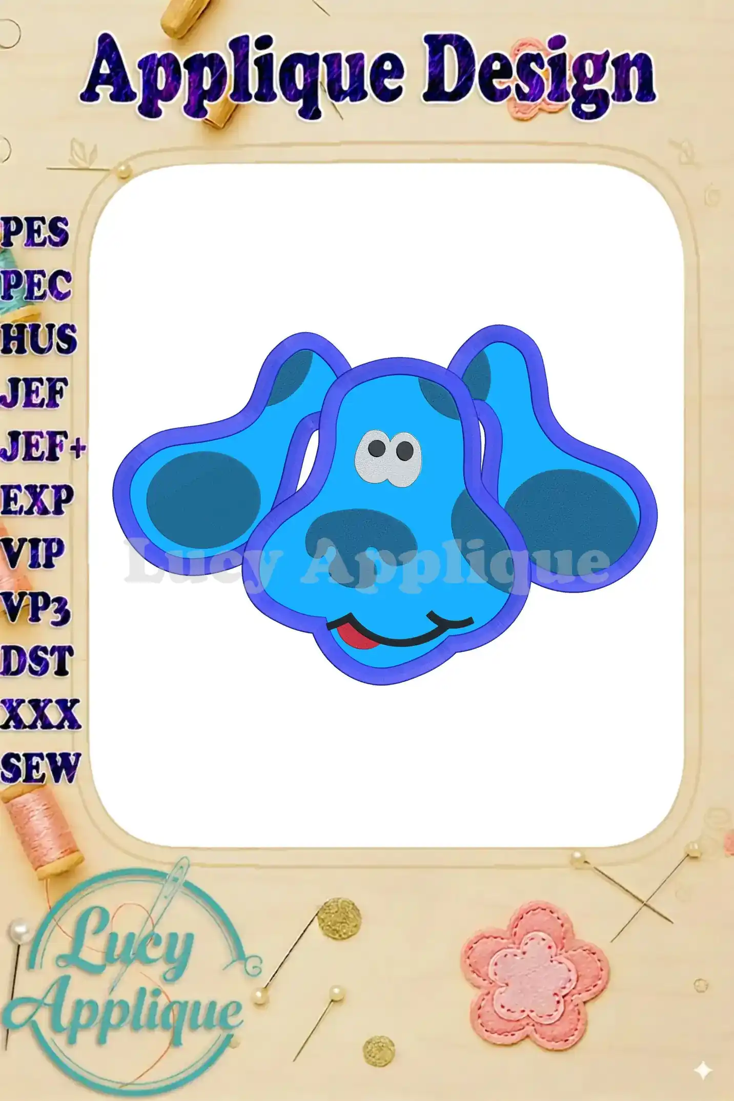 Blue's Clues Disney applique embroidery design showcasing a charming cartoon puppy with blue spots. The design includes various file formats for different embroidery machines.