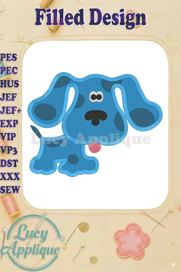 Adorable Blue's Clues puppy machine embroidery design in blue and white, ready to stitch. Includes various file formats for different embroidery machines.
