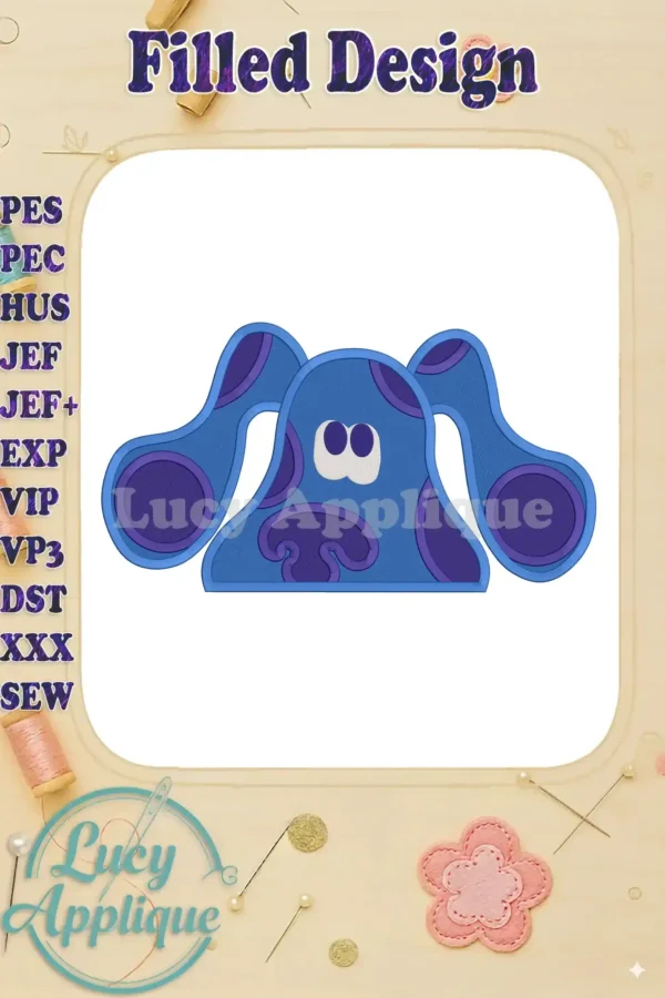 Embroidery design of Blue's Clues, a filled design showcasing Blue's iconic features in shades of blue and purple. Perfect for applique projects.