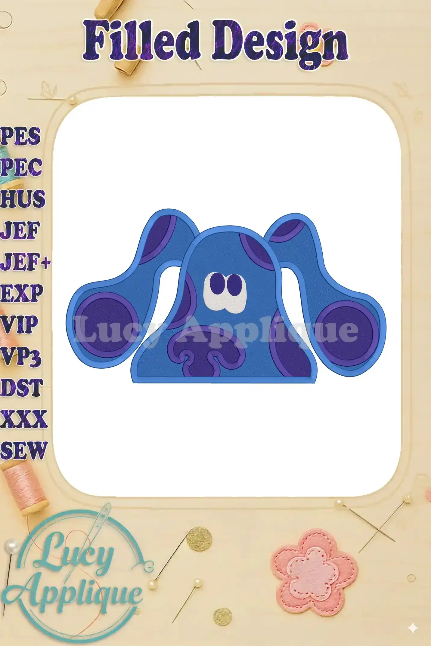 Embroidery design of Blue's Clues, a filled design showcasing Blue's iconic features in shades of blue and purple. Perfect for applique projects.