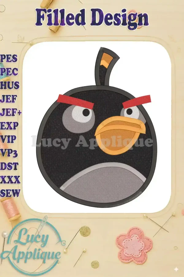 Embroidery design of Bomb from Angry Birds. Black, gray, and red filled stitch design. Perfect for applique projects!