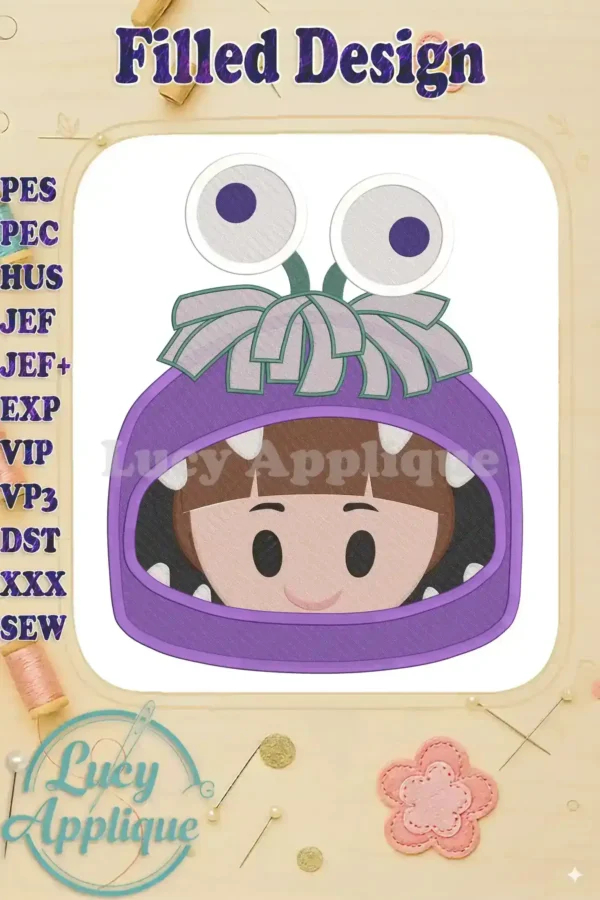Adorable embroidered Boo from Monsters Inc as an emoji, wearing a purple costume. A fun filled design, perfect for adding a playful touch to your projects!