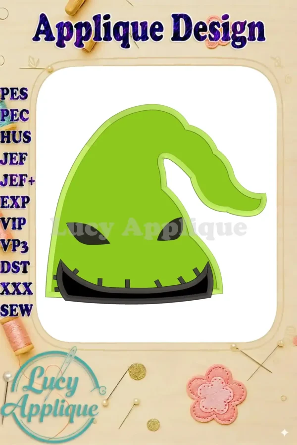 Applique design of the Boogie Man's head from Tim Burton's The Nightmare Before Christmas, shown in bright green with black stitching, ready to be embroidered.