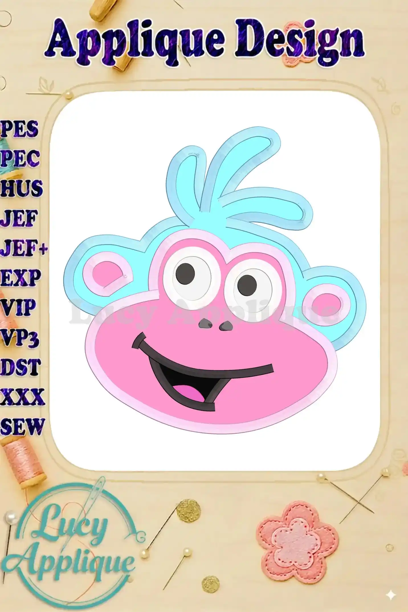 Main image showcasing a vibrant applique design of Boots, Dora the Explorer's monkey, featuring pink, light blue, and white details. Various embroidery file formats are listed.