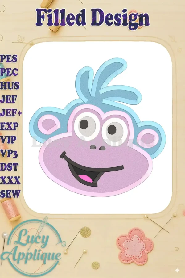 Embroidery design of Boots, the monkey from Dora the Explorer, in pink and light blue. Filled stitch style, cheerful expression.