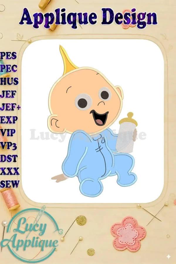 Adorable Boss Baby applique design, ready to stitch. Features the Boss Baby holding a bottle, perfect for baby-themed projects.