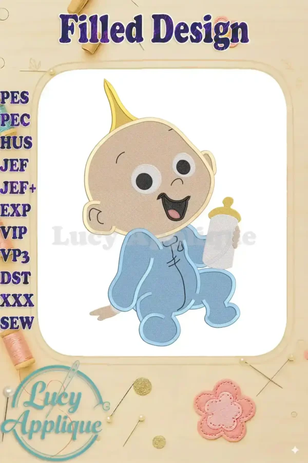 Embroidery design of the Boss Baby from Dreamworks, sitting and holding a bottle. The design is in filled stitch and features a cheerful expression.