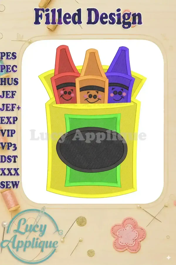 A charming machine embroidery design of three smiling crayons in a yellow box, ready to be stitched onto various items. The design is vibrant and cheerful, perfect for adding a playful touch to any project.