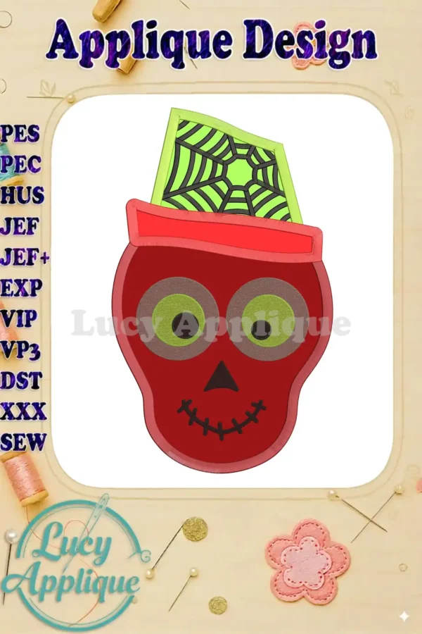 Applique design of a cute skeleton wearing a top hat with a spiderweb. The design is in red, green, and black, and is presented with various file formats.
