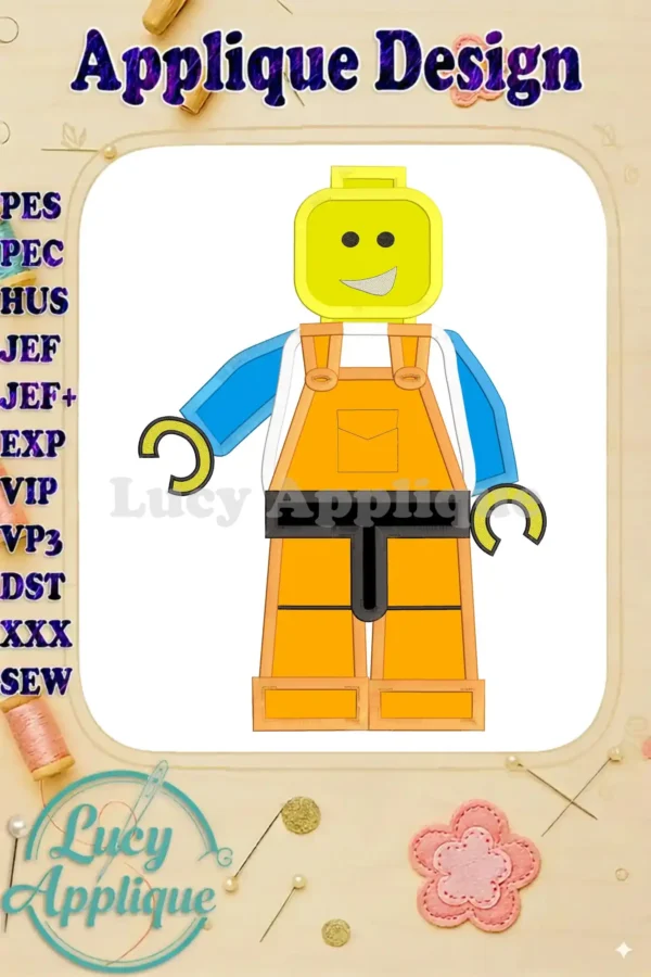 Embroidery design of a Lego boy applique. The design showcases a cheerful Lego figure in overalls, ready to be stitched onto various fabrics.