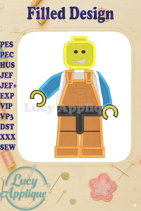 Embroidery design of a Lego boy in overalls, smiling. The design is detailed and shows various stitch types in different colors. Perfect for adding to clothing, bags, or home decor.