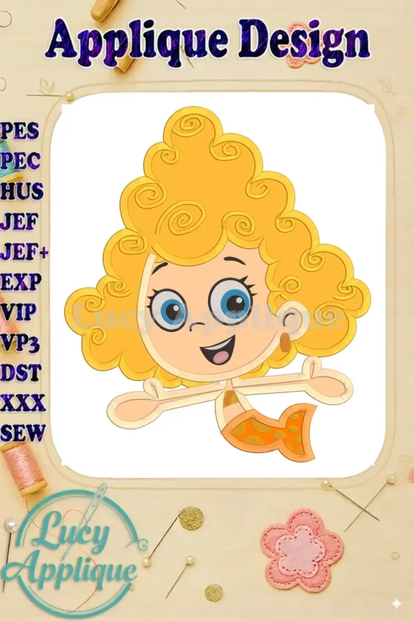 Bubble Guppies Deema applique embroidery design. A charming illustration of Deema, ready to be stitched onto fabric. Includes various file formats.