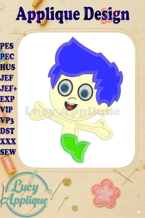 Bubble Guppies Gil applique embroidery design. A charming illustration of Gil, ready to be stitched. The design includes various file formats for different embroidery machines.