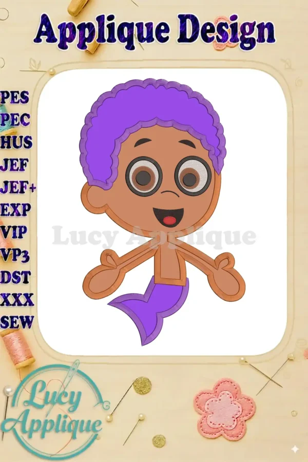 Bubble Guppies Goby applique embroidery design. A charming illustration of Goby, ready to be stitched. Includes various machine embroidery file formats.