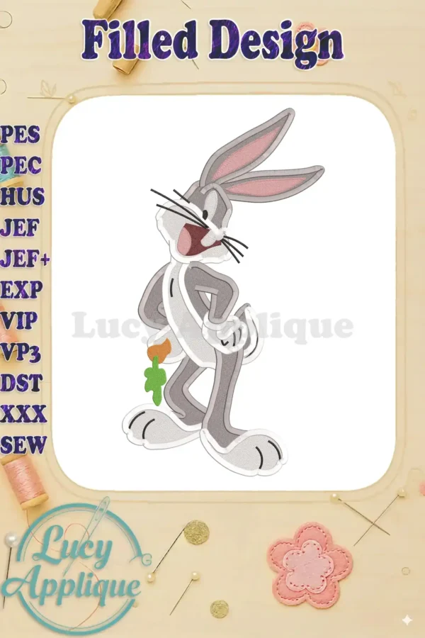 Bugs Bunny Looney Tunes filled embroidery design. Gray rabbit, carrot, detailed stitching. Various file formats available for different embroidery machines.