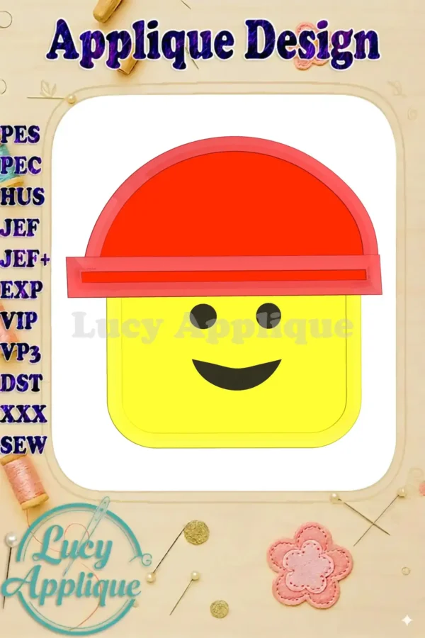 Embroidery design of a Lego head applique. The design is bright yellow and red, with a smiling face and a helmet-like top. It's shown on a white background with a decorative border.