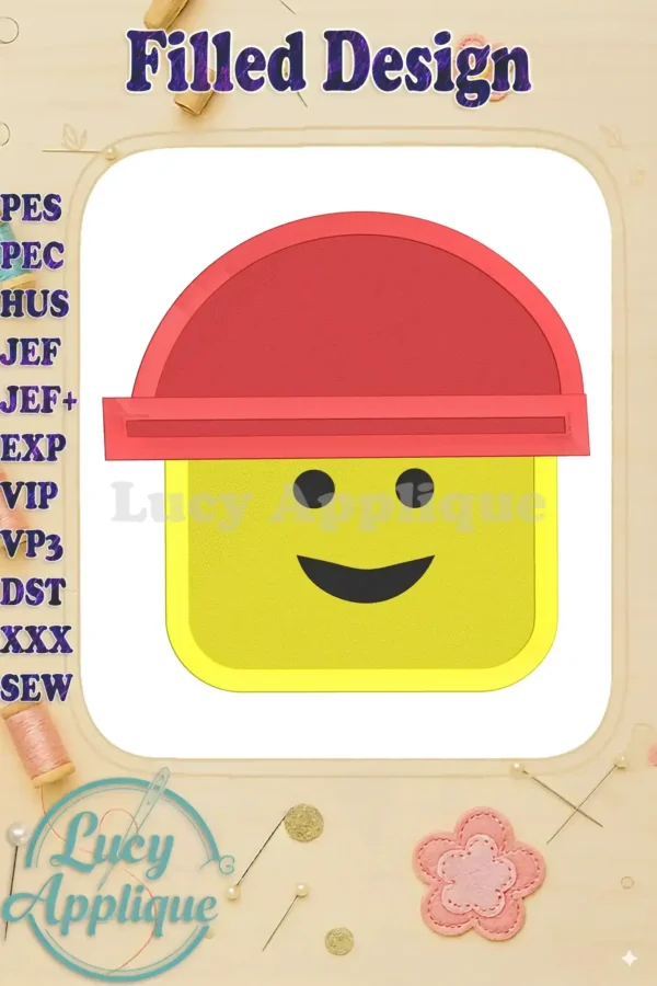 Embroidery design of a yellow Lego head wearing a red helmet, smiling. The design is filled, showcasing vibrant colors and precise stitching.