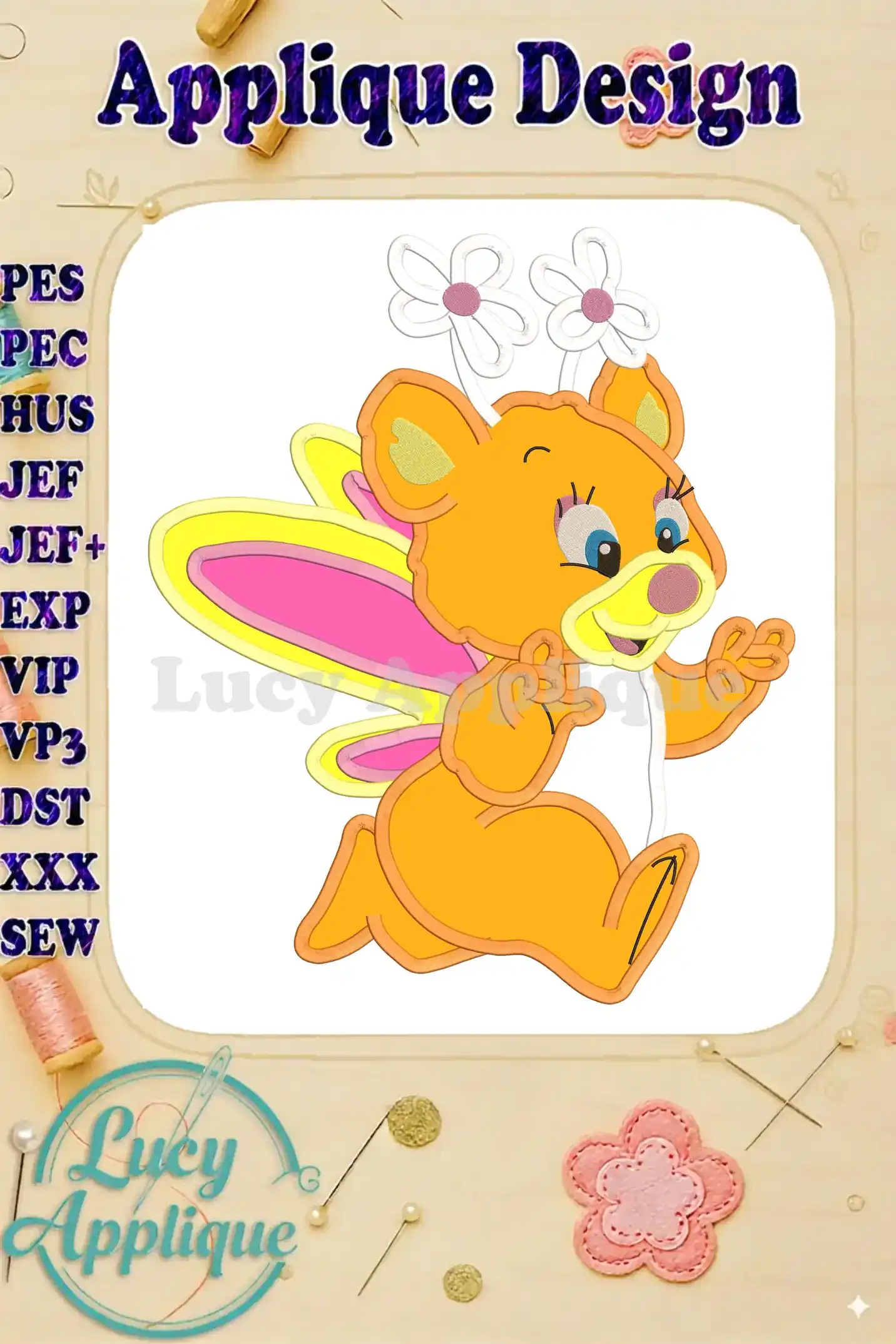 Butterbear the Wuzzles applique design, a charming illustration of a yellow bear with wings and flowers, ready to be embroidered. Various machine embroidery file formats are listed.