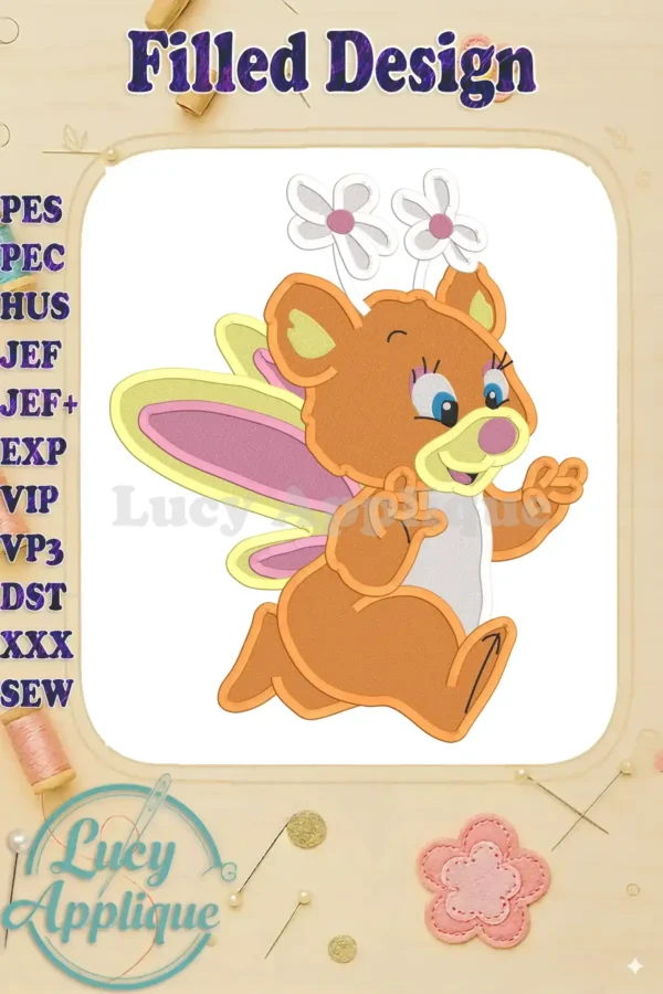 Embroidery design of Butterbear from the Wuzzles, a cute cartoon bear with wings and flowers, in a filled stitch style. The design is shown on a light wooden background.