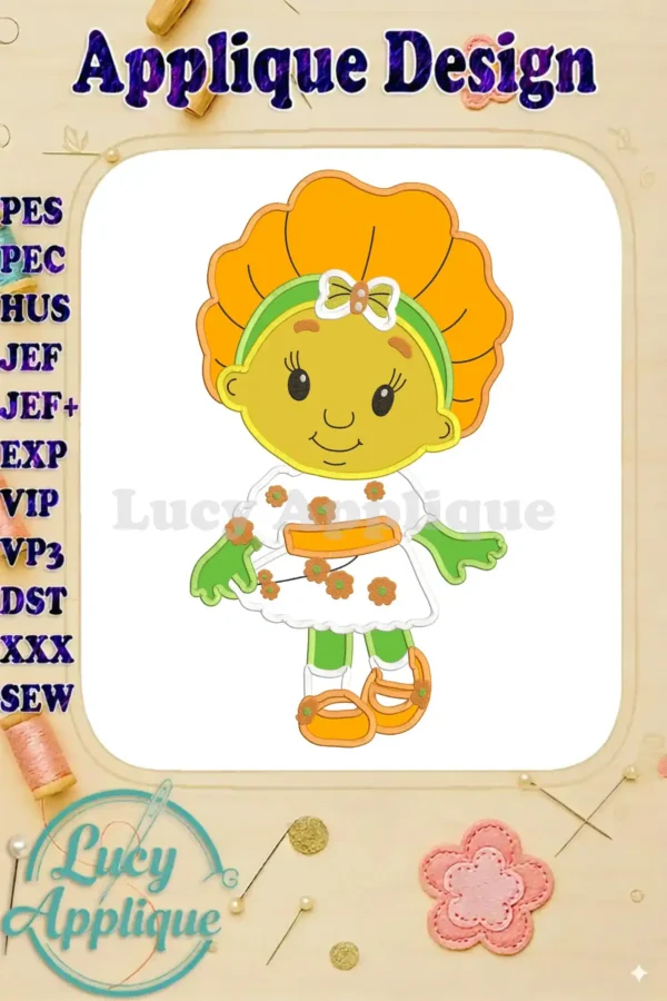 Buttercup Fifi from Flowertots, a charming applique embroidery design, shown in orange and white, ready to be stitched. Various machine formats are listed.