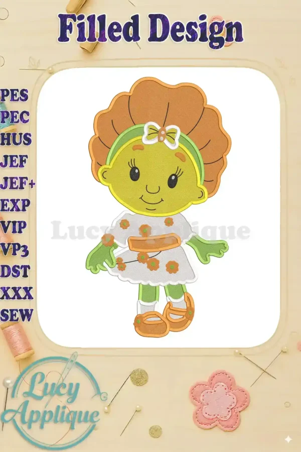 Embroidery design of Buttercup Fifi from Flowertots, showcasing filled stitches, bright colors, and charming details. Perfect for adding a whimsical touch to any project.