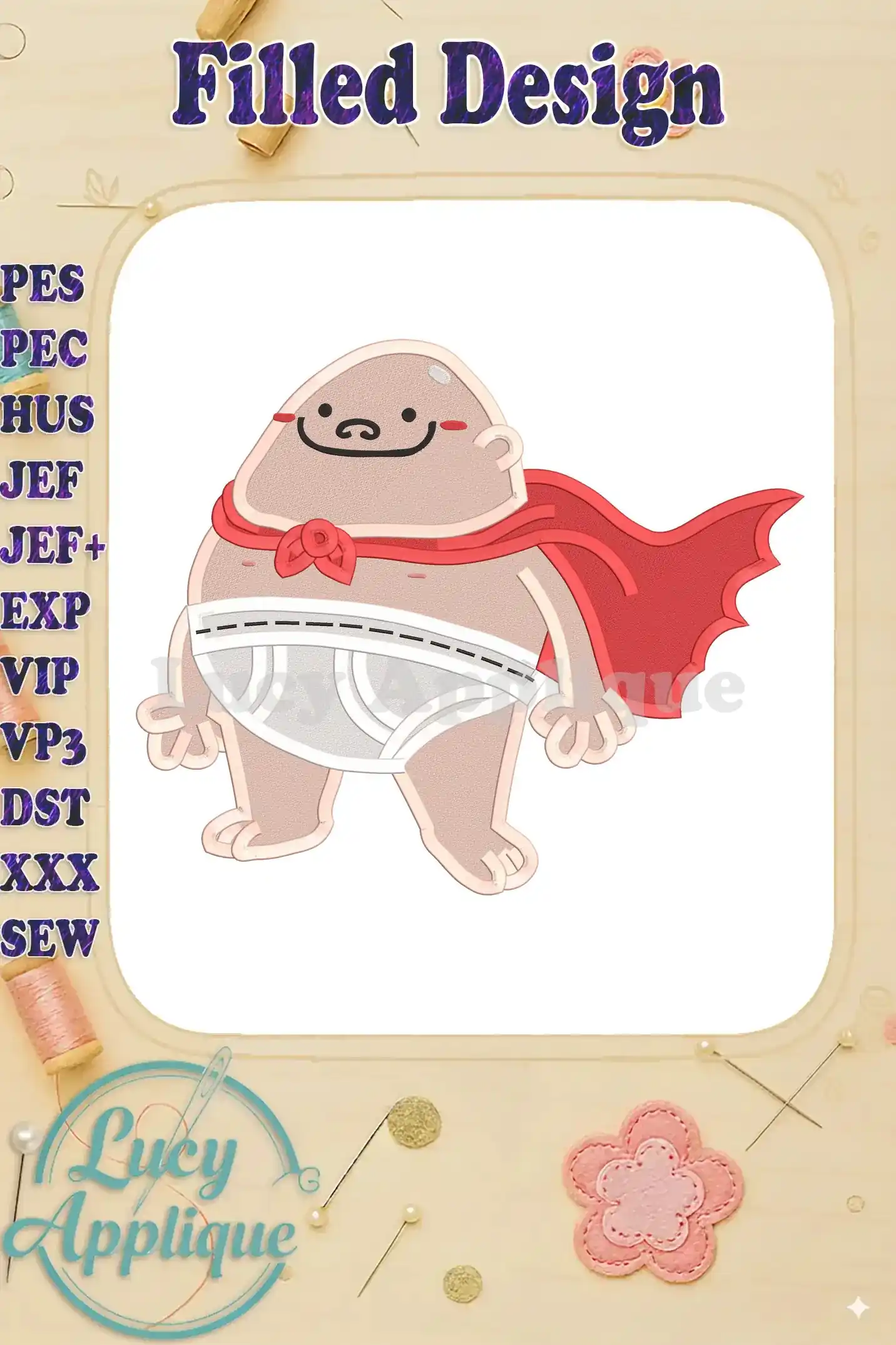 Embroidery design of Captain Underpants in a filled stitch style, wearing a red cape and underwear, against a light background.