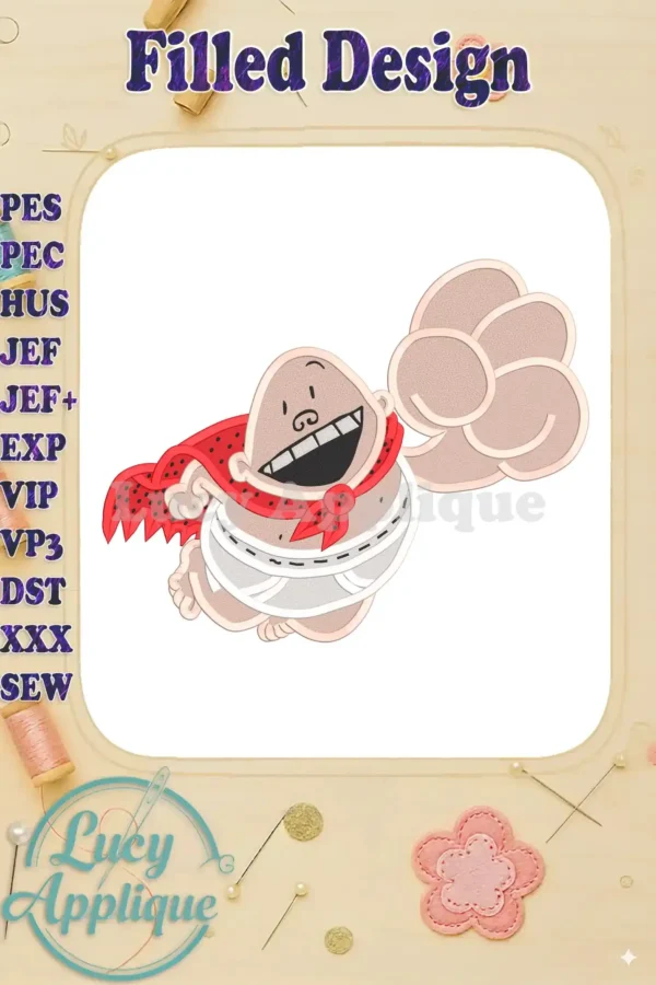Embroidery design of Captain Underpants, a cartoon superhero in his signature underwear and cape, ready to fill with color. A fun and whimsical design.