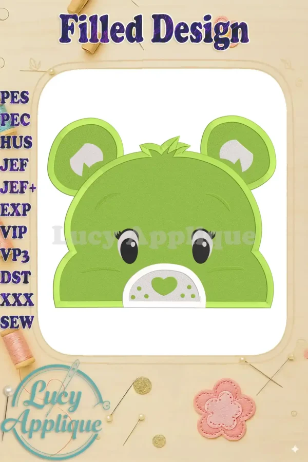 A charming green Care Bear head embroidery design, showcasing the filled stitch style. Perfect for adding a cute touch to various projects. Downloadable pattern.