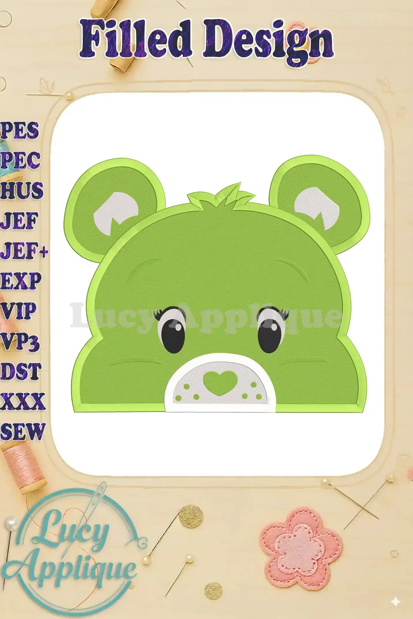 A charming green Care Bear head embroidery design, showcasing the filled stitch style. Perfect for adding a cute touch to various projects. Downloadable pattern.