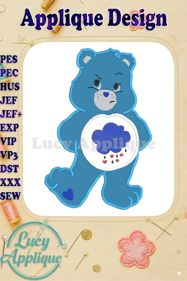 Main image showcasing a grumpy Care Bear applique embroidery design, ready to be stitched. The design includes various stitch types, shown in a detailed, colorful presentation.