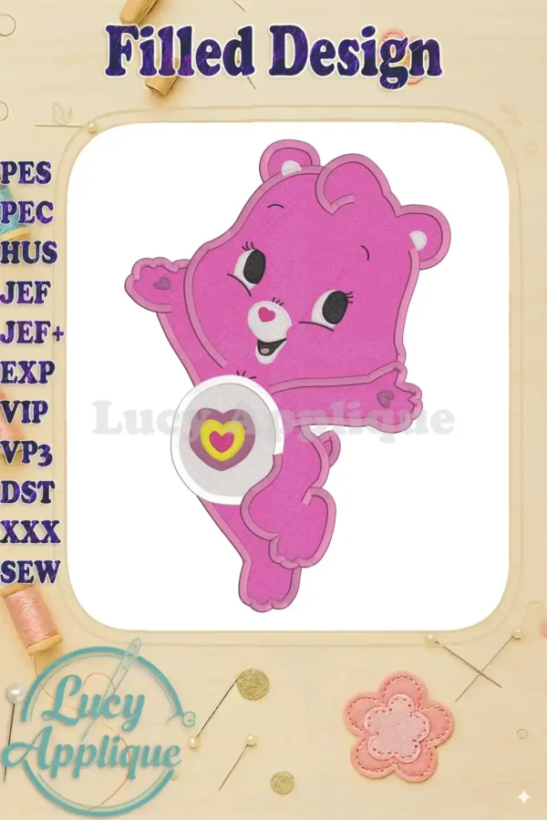 Embroidery design of a Care Bear, filled, in a playful pose, showcasing vibrant pink color and detailed stitching. Perfect for sewing projects.