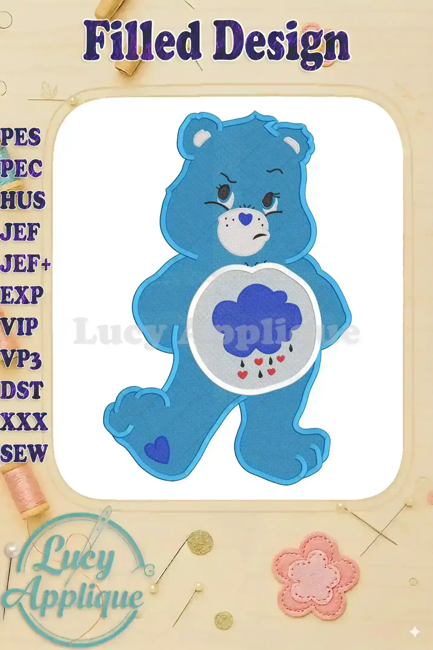 Embroidery design of Grumpy Bear from Care Bears, standing, showcasing a filled stitch style. Perfect for creating patches or embellishing clothing.