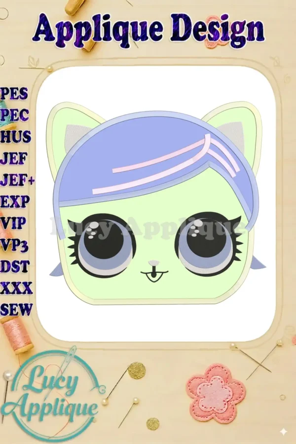 Embroidery design of a Cat Lol Surprise doll head applique. The design shows a cute cat face with big eyes and purple hair, perfect for kids' clothes or accessories.