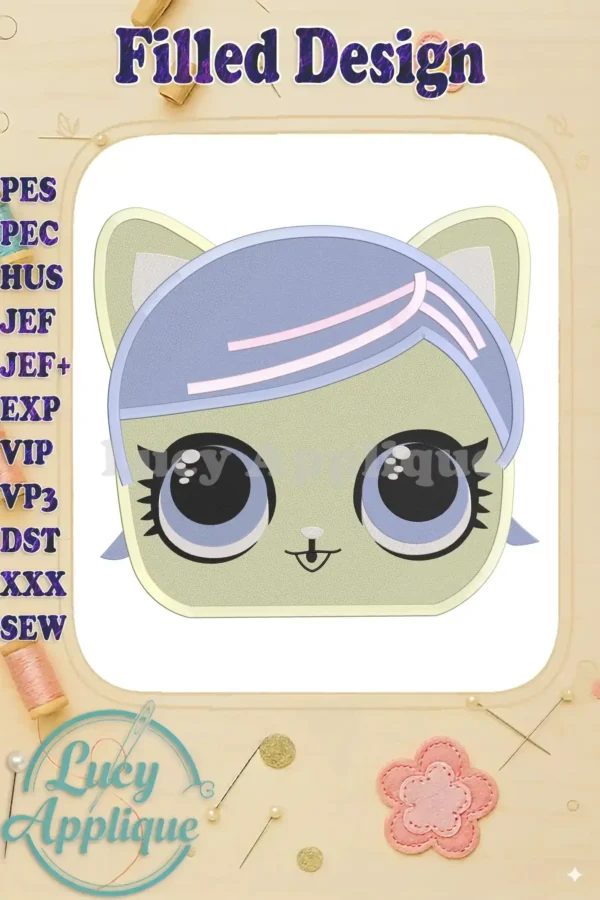 Embroidery design of a cute Cat Lol Surprise Doll head, showcasing filled stitch work. The design is on a white background with a pastel color scheme.