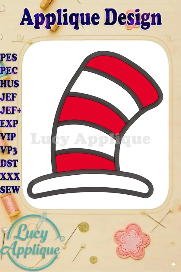 Main image showcasing the Cat in the Hat applique embroidery design; red and white striped hat, clear instructions, various file formats shown.