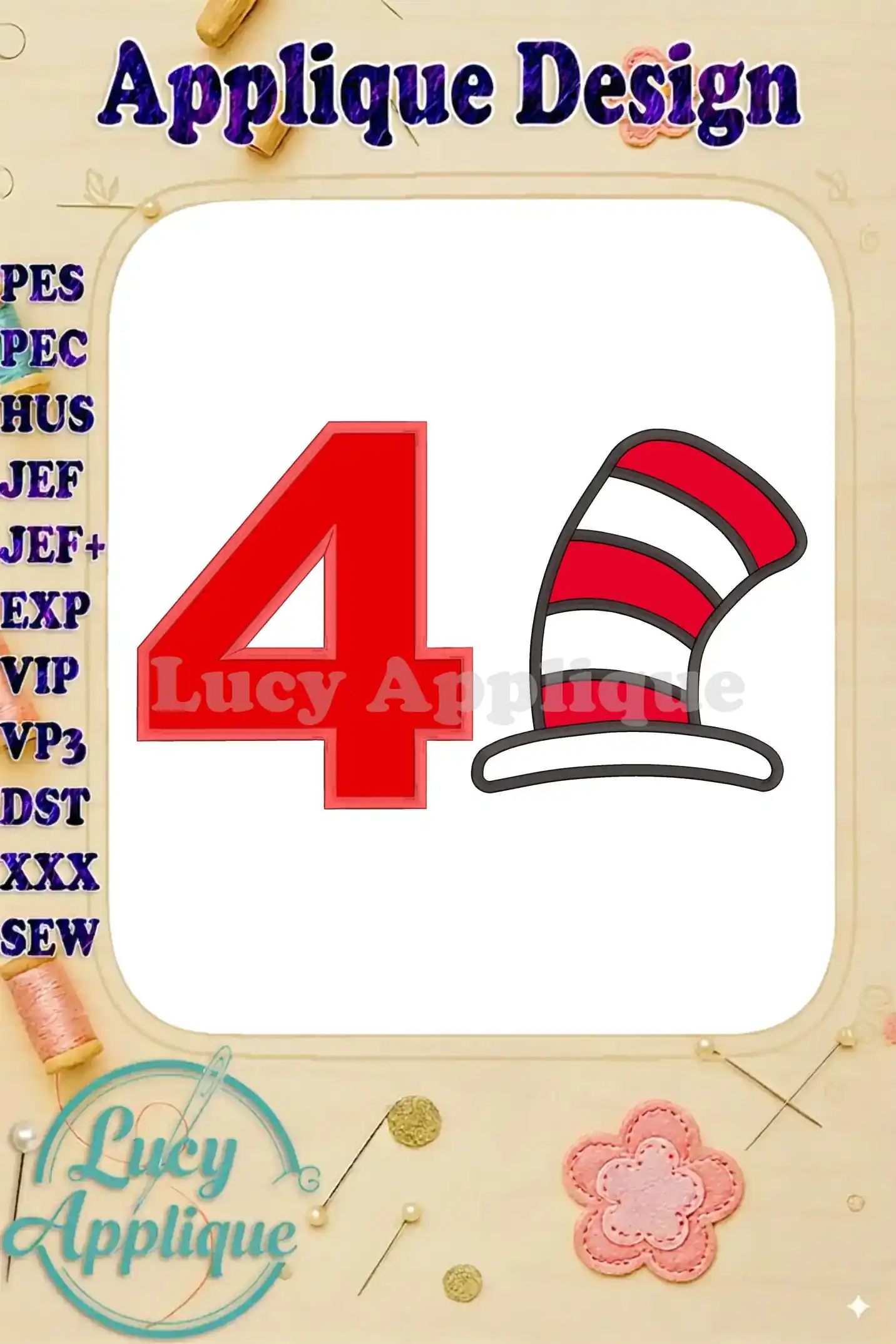 A charming applique design featuring the number 4 and the Cat in the Hat's iconic red and white striped hat. This design is perfect for birthday projects, adding a whimsical and fun touch.