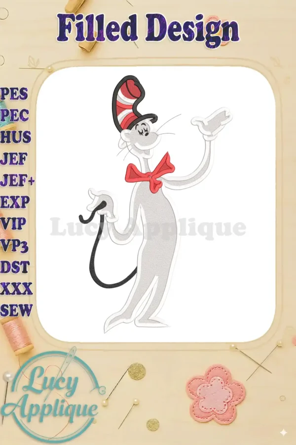 Embroidery design of the Cat in the Hat from Dr. Seuss, showcasing a filled stitch style. The design is presented on a light beige background with decorative elements.