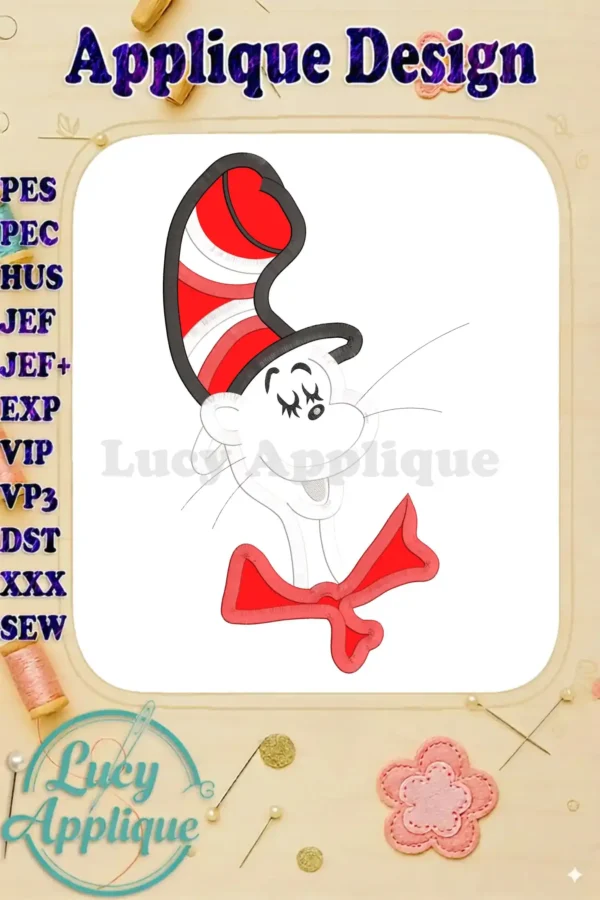 Applique design of Cat in the Hat, showcasing its red and white hat, mischievous grin, and red bow tie. The design is presented on a beige background with embroidery design file formats listed.